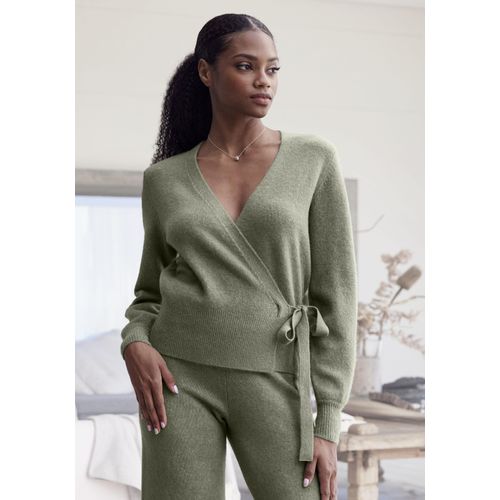 Wickelstrickjacke LASCANA, Damen, Gr. 40/42, grün, Strick, Obermaterial: 52% Polyester, 44% Polyacryl, 4% Elasthan, meliert, unifarben, sehr bequem hüftlang, Rippbündchen, Strickjacken, mit breitem Rippbündchen, Loungewear