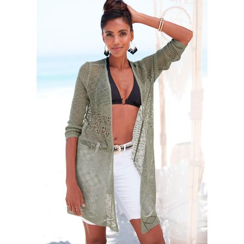 Strickjacke S.OLIVER, Damen, Gr. 32/34, grün (khaki), Strick, Obermaterial: 100% Polyacryl, unifarben, figurumspielend knieumspielend, Strickjacken, mit Ajourmuster, Häkeloptik, Strandmode