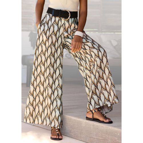 Strandhose LASCANA, Damen, Gr. 44, N-Gr, bunt (beige, khaki bedruckt), Satin, Obermaterial: 100% Polyester, bedruckt, figurumspielend bodenlang, Hosen