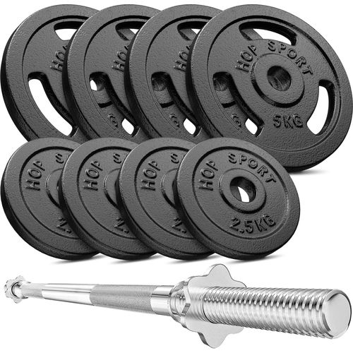 Hop-Sport 39kg Gusseisen Hantel-Set Langhantel Set Langhantelstange 30mm, 1x Langhantel 167cm, Gewichte: 4x5kg, 4x2,5kg