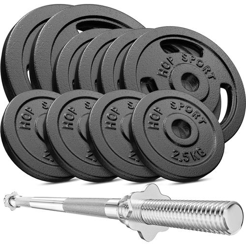 Hop-Sport 59kg Gusseisen Hantel-Set Langhantel Set Langhantelstange 30mm, 1x Langhantel 167cm, Gewichte: 2x10kg, 4x5kg, 4x2,5kg