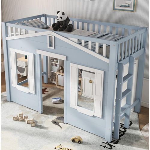 Hochbett, Kinderbett, Platz unter dem Bett für flexible Gestaltung, Schöne Fenstergestaltung,90x200cm