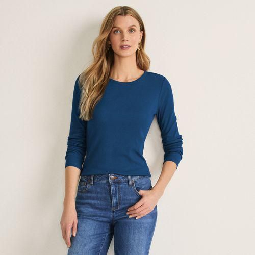 Langarmshirt aus mikrofeinem Baumwollripp, Damen,  Blau, Baumwolle/Elasthan, by Lands' End