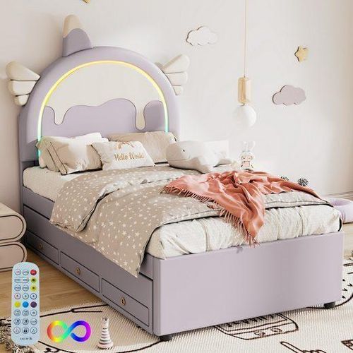Odikalo Kinderbett Rollbett Cartoon Einhornform Ausziehbar Kunstleder LED Blau 90