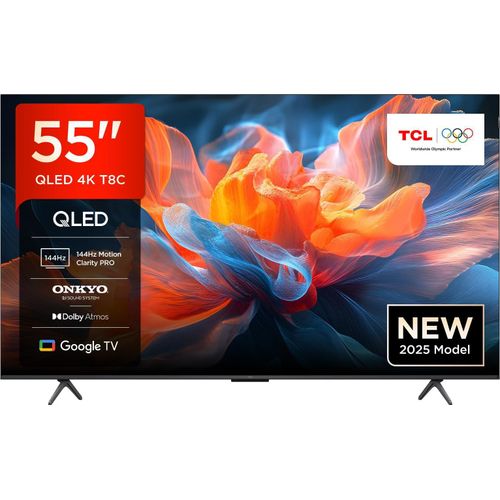 TCL 55T8C 55 Zoll QLED 4K HDR UHD Fernseher, Smart Google TV Dolby Vision & Atmos, 144Hz Motion Clarity Pro, FreeSync, Onkyo 2.1 Sound, Sprachsteuerung, Kompatibel mit Google Assistant