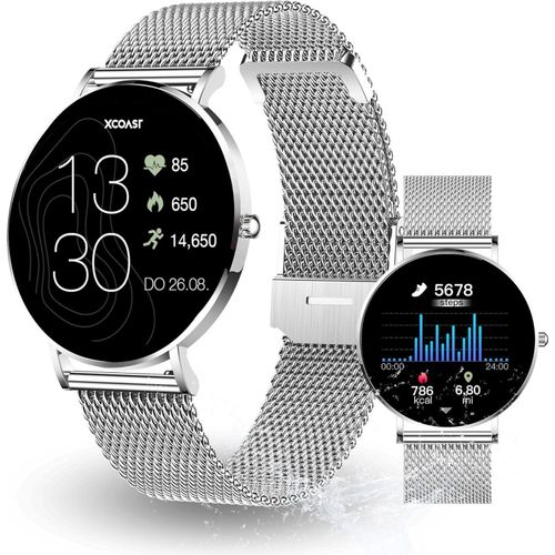 Smartwatch Silber (4,2 cm) 6,9mm hoch - iOS und Android Fitness Tracker AMOLED 21 Sportarten 200 watchfaces Blutsauerstoff Wasserdicht Puls Blutdruck