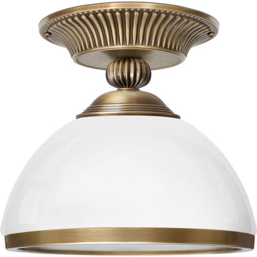 Messing Deckenlampe italienischer Zierguss kurz kompakt dreischichtig Weißglas H18cm Ø19cm E27 Goldpatina 60W kleinste Lampe Hochglanz