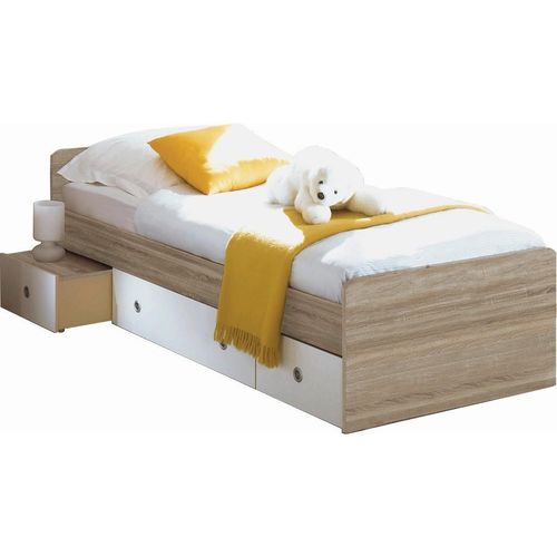 Carryhome Stauraumbett , Weiß, Sonoma Eiche , Holzwerkstoff , 3 Schubladen , 90x200 cm , Kinder- & Jugendzimmer, Kindermöbel, Kinderbetten,