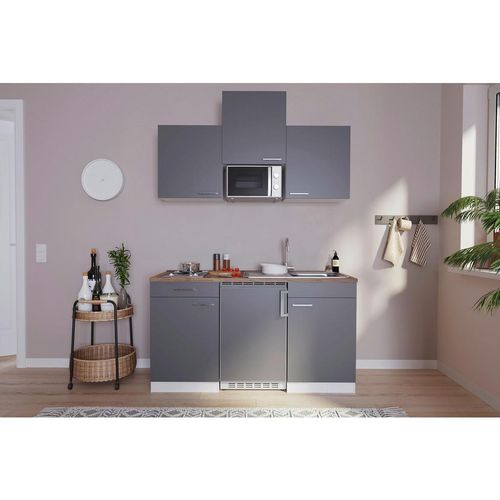 Respekta Miniküche Singleküchen , Grau , Kunststoff , 2,1 Schubladen , seitenverkehrt montierbar, nur wie online abgebildet bestellbar , E , 150 cm ,
