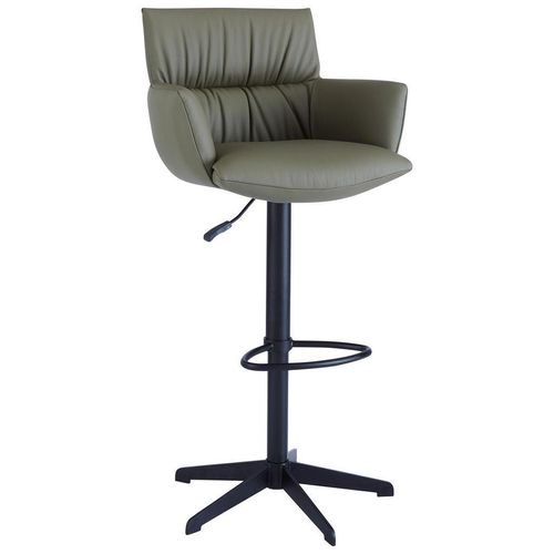 Dieter Knoll Barhocker , Olivgrün, Schwarz , Metall, Leder , Echtleder , Rindleder , Drehkreuz , 58x88-112x58 cm , Sitzfläche 360° drehbar,