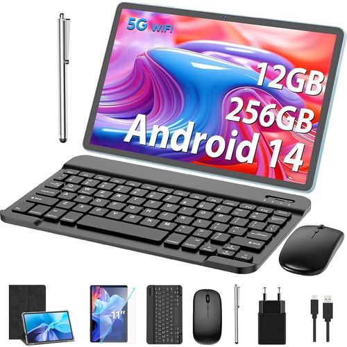 Android Tablet, 11 Zoll Tablet 14 Tastatur, 12GB + 256GB, 1TB Expand, PC Octa-Core, 8000mAh, 2.4G/5G WiFi, 13MP 5MP Kamera, 2-in-1 Tastatur Tasche,