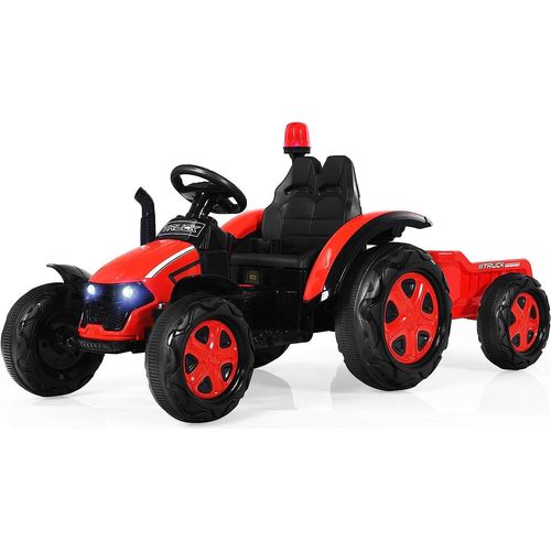 GOPLUS Elektrotraktor mit Fernsteuerung & abnehmbarem Anhänger, multifunktional Elektrofahrzeuge für Kinder 3-8 Jahren, 12V Spielzeugtraktor bis 30kg belastbar (Rot)