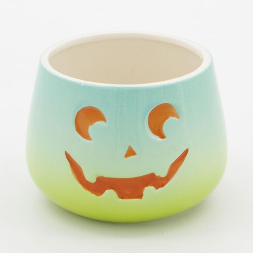 Grün-blauer Übertopf mit Gesichtsgravur 9x12cm