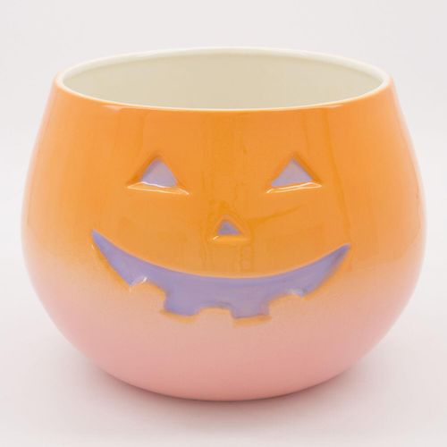 Orange-rosafarbener Übertopf mit Gesichtsmotiv 18x26cm