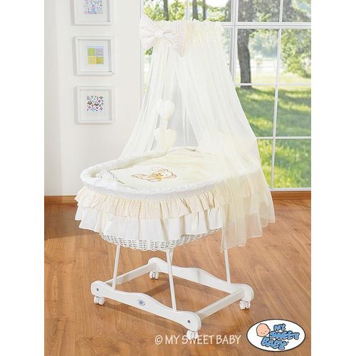 Babykorb mit Himmel - Teddybär mit Schleife, creme