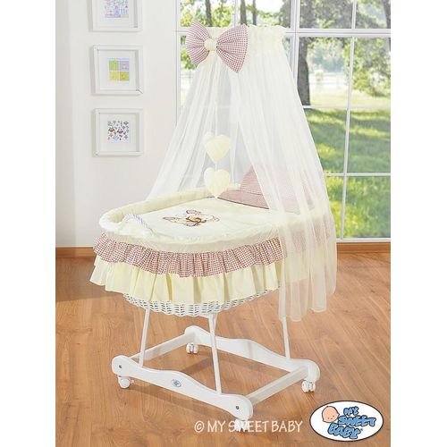 Babykorb mit Baldachin - brauner Teddybär mit Schleife