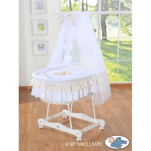 Babykorb mit Himmel - Teddybär mit Schleife, weiß