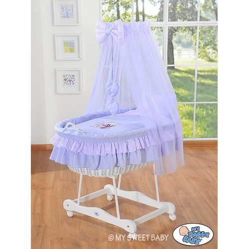 Babykorb mit Himmel - Teddybär mit Schleife, lila