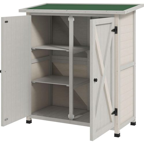 Holz Geräteschrank 110x55x117 cm hellgrau mit 2 Türen und Asphaltdach