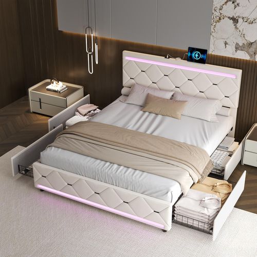 UnboxG Polsterbett 140x190 cm mit 4 Schubladen, LED-Bettbeleuchtung & USB-Ladefunktion, Stauraumbett, Samt, Beige