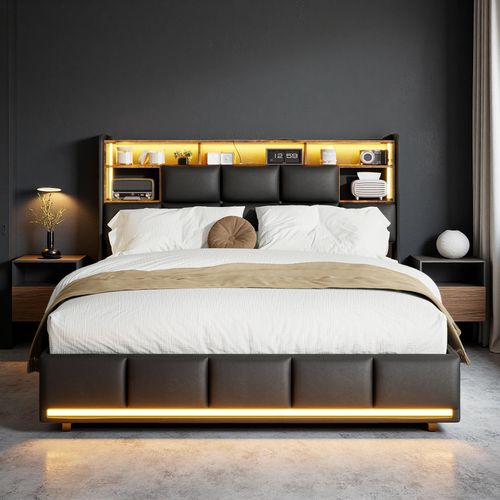 UnboxG Polsterbett 160x200 cm mit LED-Bettbeleuchtung, USB-Ladefunktion & Gasdruck-Stauraum, Schwarz, PU