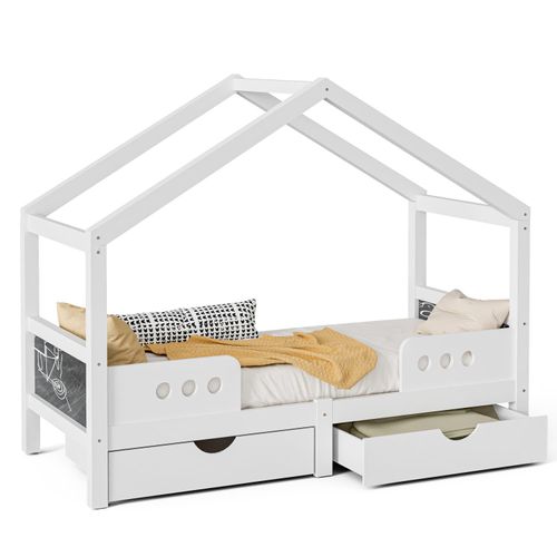 Kinderbett mit Dachdesign, 2 großen Schubladen und stabilem Holz+MDF-Rahmen, UV-Lackierung fast geruchsfrei, Belastbar bis 120 kg