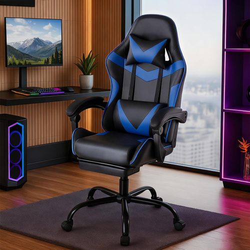 Gaming Stuhl, Chair Gamer Sessel - Ergonomischer Gamer Stuhl mit Fußstütze Kopfstütze und Lordosenstütz Höhenverstellbar Gepolstert Gamingstuhl 150 Kg