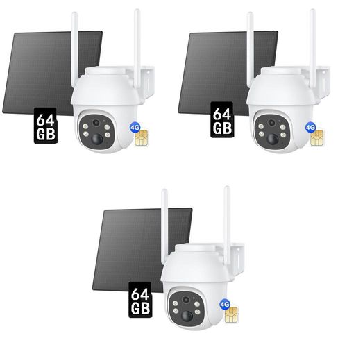 3er-Set 4G LTE Überwachungskamera, 2K Schwenk-Neige-Funktion, Kabellos, Solarbetrieben mit Solarpanel, KI-basierte Personen-/Fahrzeugverfolgung, 64GB