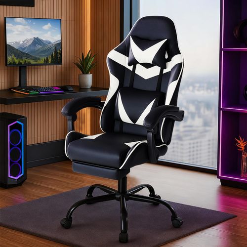 Gaming Stuhl, Chair Gamer Sessel - Ergonomischer Gamer Stuhl mit Fußstütze Kopfstütze und Lordosenstütz Höhenverstellbar Gepolstert Gamingstuhl 150 Kg