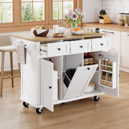 Kücheninsel mit Rollen, Ausziehbarer Essbereich Kücheninsel mit Abfalleimer und Schubladen, Mobile Kücheninsel Ideal für Küche und Esszimmer (Weiß)
