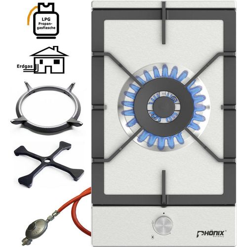Phönix 301SL Gaskochfeld Edelstahl Gaskocher 1 flammig 4 KW + Guss Wok Aufsatz + Herdkreuz