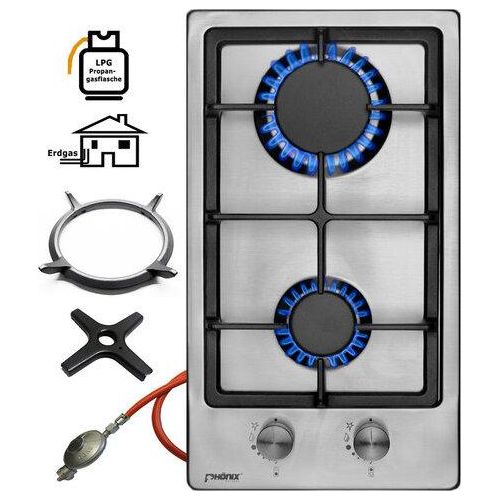 Phönix Domino-ST Gaskochfeld Edelstahl Gaskocher 2 flammig + Guss Wok-Aufsatz + Gasherdkreuz