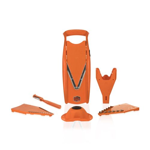 Börner V5 PowerLine Plus Set Gemüsehobel, Obst- & Gemüseschneider mit Fruchthalter, Scheibeneinschub, Sparschäler, 10 Schnittarten, 6 tlg. Set, Orange