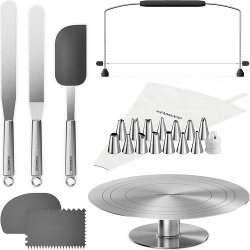 Kenwood Tortendekorationsset KWSD100, Deko-Set für Kuchen und Torten inkl. Tortenplatte, Spritzbeutel, 3 Teigschaber, Winkel- und Streichpalette und Tortensäge, Edelstahl