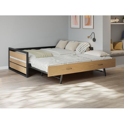 Ausziehbares Bett 120 x 200 und 90 x 200 cm - MDF, Kiefernholz und Metall - Natur und Anthrazit + Matratze - BOSTON