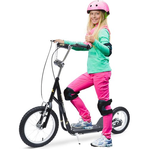 Kinderroller 16/12 Zoll Scooter Tretroller mit Bremsen Cityroller Kickboard Kinder Roller für 5+ Jahre Kinder Schwarz 135 x 58 x 92-100 cm