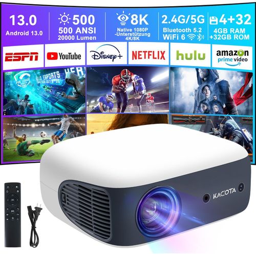 Projektor mit Auto Keystone, 1080P Full HD Heimkino, unterstützt 4K und 8K Dekodierung, Netflix und Amazon Video, 500 ANSI Lumen