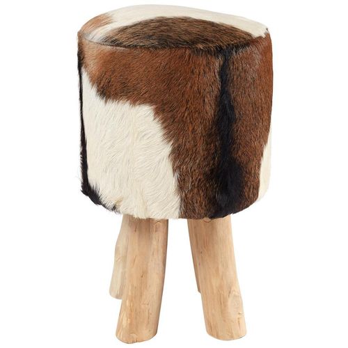 Landscape Hocker , Weiß, Natur, Braun , Leder, Holz , Echtleder , Ziegenleder , Teakholz , massiv , rund , 32x50x32 cm , Wohnzimmer, Hocker,