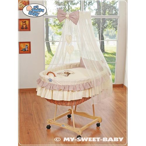 Babykorb mit Baldachin - brauner Teddybär mit Schleife