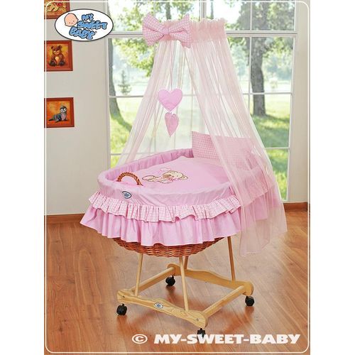 Babykorb mit Baldachin - Teddybär mit rosa Schleife