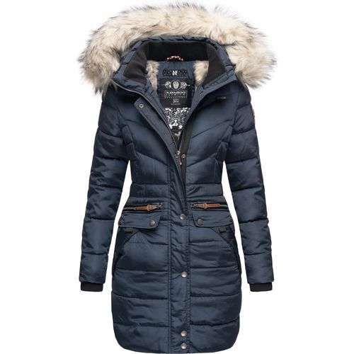 Navahoo Paula Veganer Damen Winter Steppmantel ohne Daunen mit Kapuze und Kunstfellkragen Pelzfrei Wintermantel Blau Gr. 44 - XXL