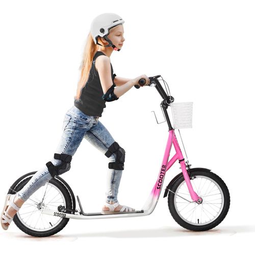 Kinderroller Tretroller mit Bremse, inkl. Korb, höhenverstellbar, für Kinder von 5 bis 12 Jahren, Weiß + Pink