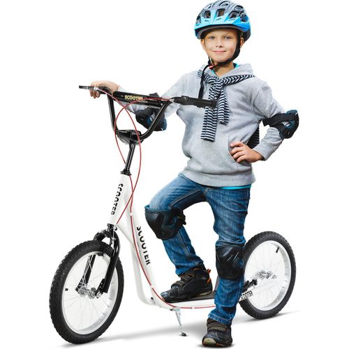 Kinderroller 16 Zoll faltbar wasserfest mit Luftreifen & Handbremse | Cityroller ab 5 Jahre | Scooter 90-96 cm höhenverstellbar | Weiß 139x58 cm