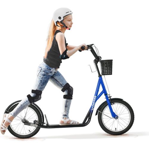 Kinderroller, Scooter mit Bremse, inkl. Korb, höhenverstellbar, für Kinder 5-12 J., blau+schwarz