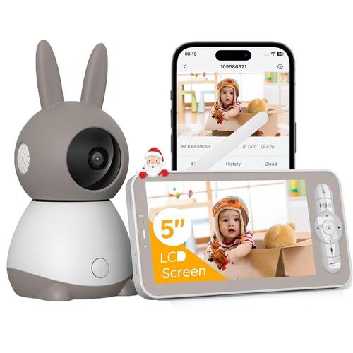 Babyphone mit Kamera 2K 5 Zoll WLAN Video babyfone PTZ 360° IR-Nachtsicht Automatische Verfolgung Weinen/Bewegungs/Geräuscherkennung Temperaturanzeige