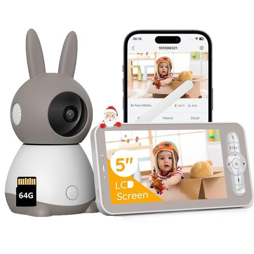 Babyphone mit Kamera 2K 5 Zoll WLAN Video babyfone PTZ 360° IR-Nachtsicht Automatische Verfolgung Weinen/Bewegungs/Geräuscherkennung mit 64G