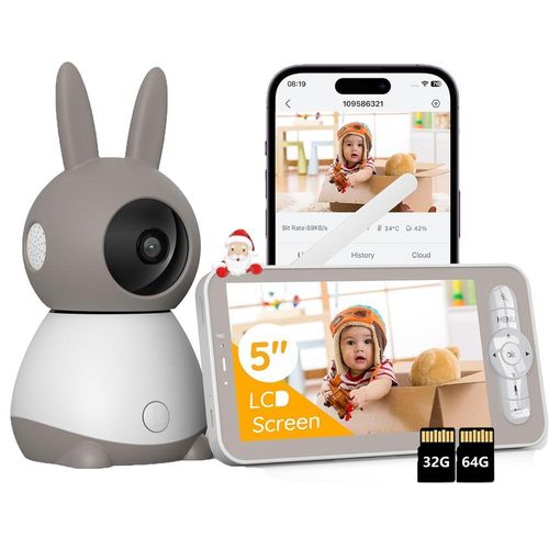 Babyphone mit Kamera 2K 5 Zoll WLAN Video babyfone PTZ 360° IR-Nachtsicht Automatische Verfolgung Weinen/Bewegungs/Geräuscherkennung mit 32G & 64G
