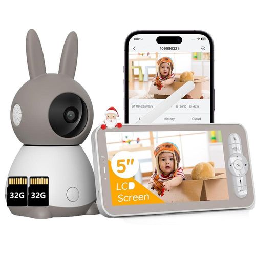Babyphone mit Kamera 2K 5 Zoll WLAN Video babyfone PTZ 360° IR-Nachtsicht Automatische Verfolgung Weinen/Bewegungs/Geräuscherkennung mit 2*32G