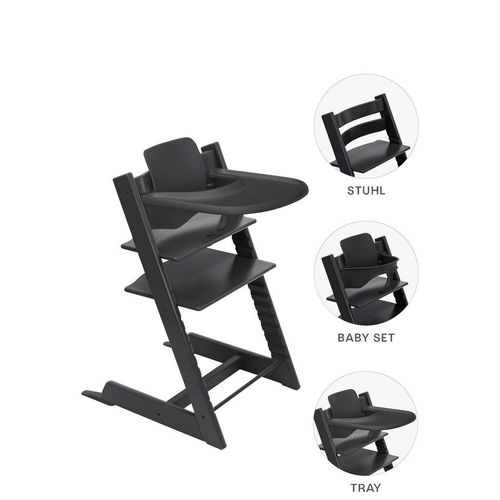 Stokke Hochstuhl-Set Tripp Trapp Bundles , Schwarz , Holz , Buche , 83x65x46 cm , Fußstütze verstellbar, Sitzfläche höhenverstellbar, Tablett,