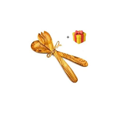 Salatbesteck OLIVENHOLZ-ERLEBEN "Salatbesteck mittel mit Bastband", braun, Massivholz, Kochbesteck-Sets, Stilvoll Salate servieren – ein echter Blickfang auf dem Tisch.
